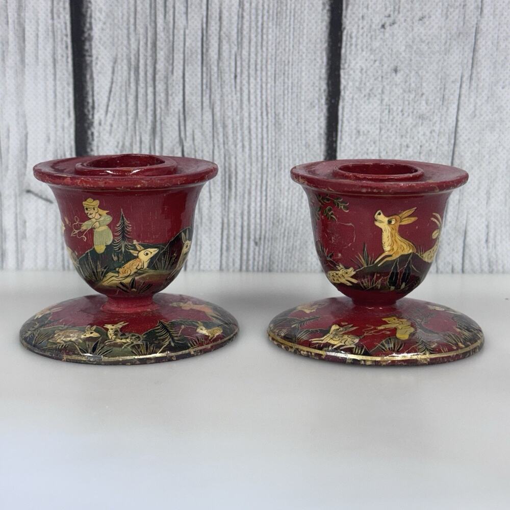 Vtg Kashmir Candle Holders Pair Suffering Moses Srinagar Deer India Hand Painted
